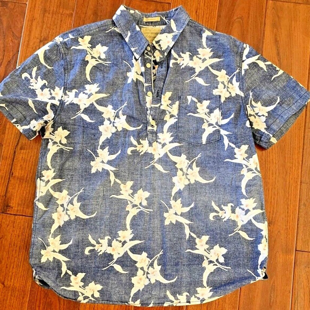 Lucky Brand Hawaiian Shirt Men's L Tropical Print Button Front Short Sleeve Blue
